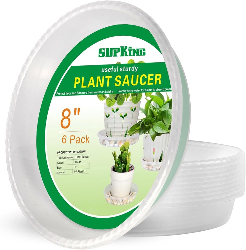 SupKing 6 Pack Plant Saucers Drip Tray,6 8 10 12 14 15 Inch Heavy Sturdy Plastic Flower Pot Saucers for Indoor,Clear Plastic Planter Water Tray for Plant Pots Liners (8''-Clear) - Image 1
